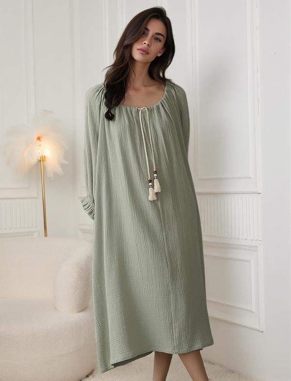 Long Sleeved Softened Coton Nightgown, Muslin Cotton nightdress Relaxed dress