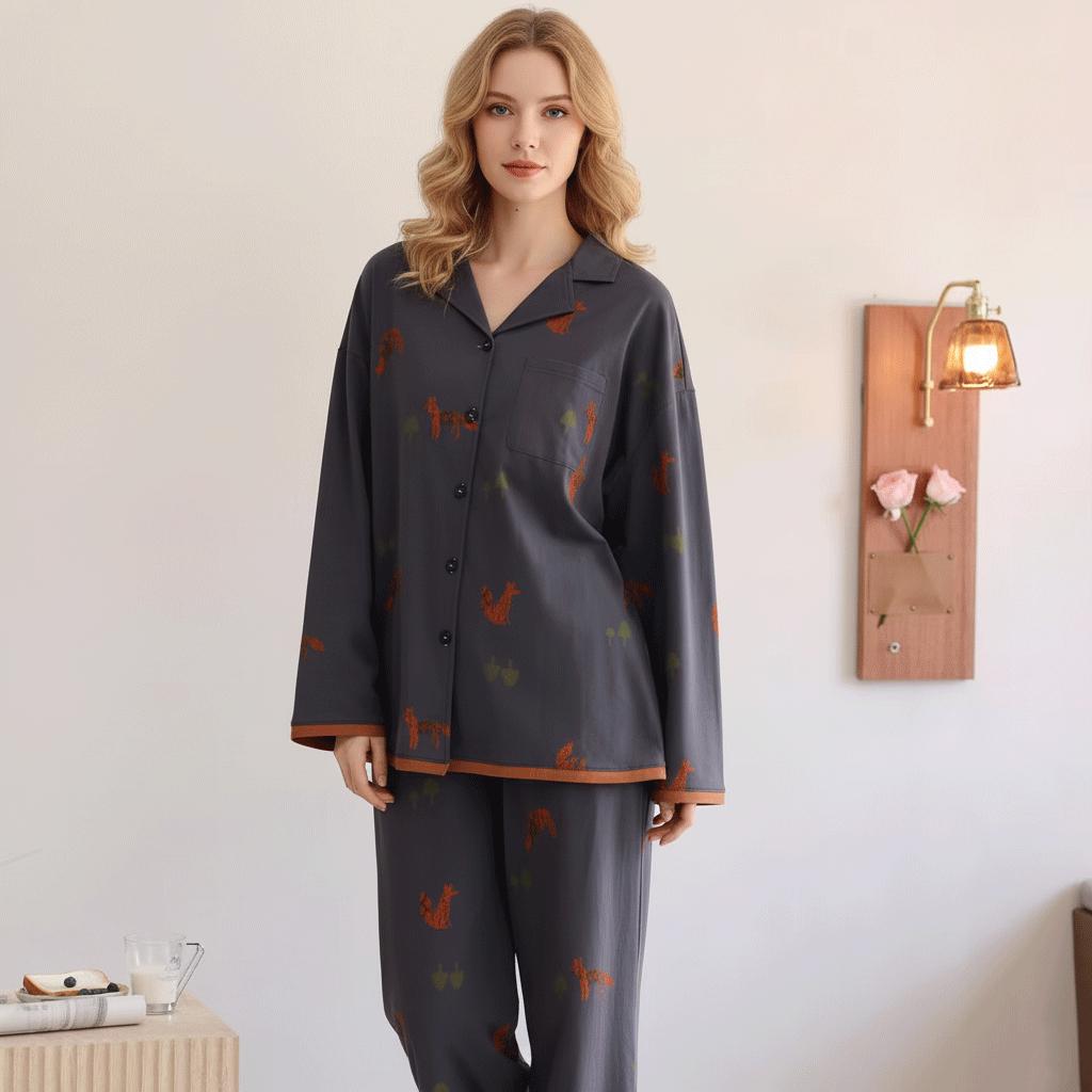 Fox Print Cotton Pajama Set: Soft Button-Front Sleepwear