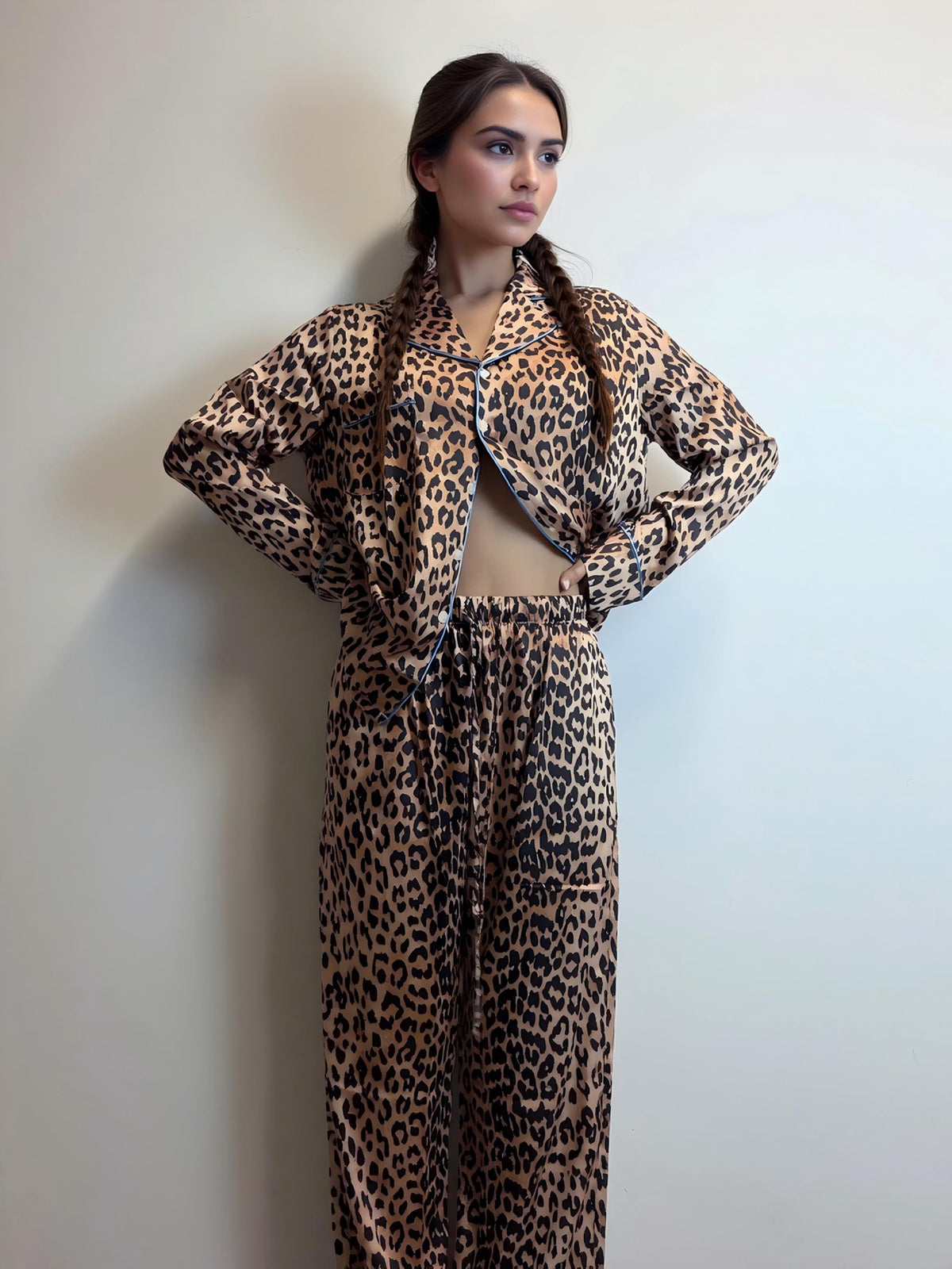 Leopard Print Satin Pajama Set, Women's Button Down Loungewear, Bridesmaid Gift