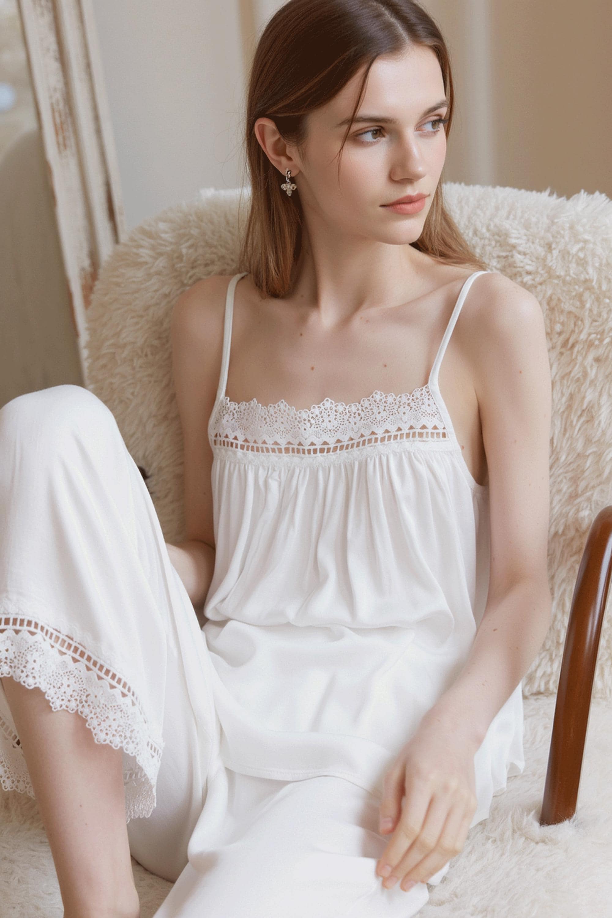 Women's Soft White Lace-Trimmed Viscose Sleepwear Set - Elegant Loungewear for Comfort & Style Deep Pockets