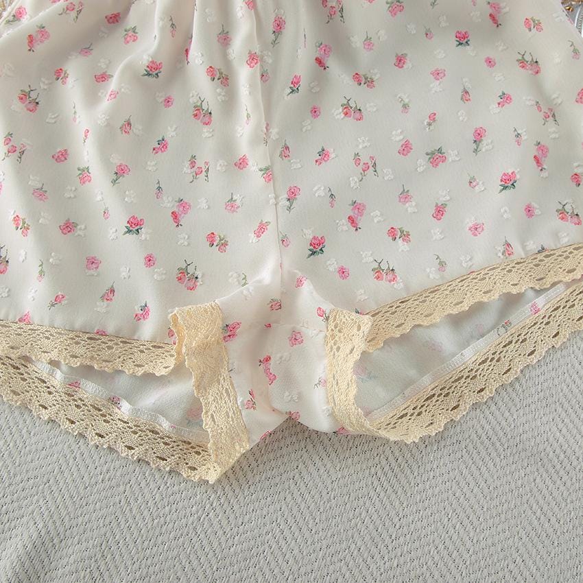 Floral Pajama Set, Lace Trim Tank Top and Shorts