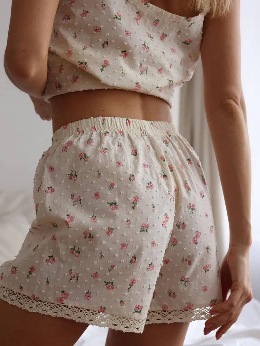 Floral Pajama Set, Lace Trim Tank Top and Shorts