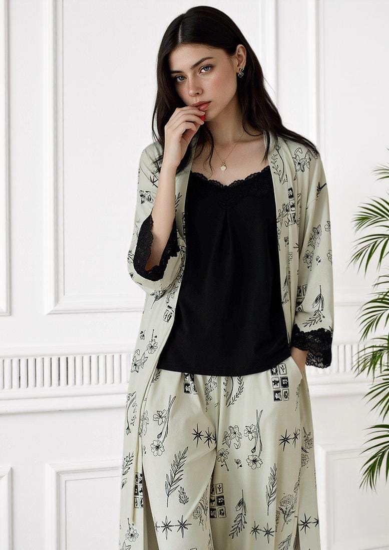 Knit Cotton Lounge Set, Duster Robe and Pants Pajamas, Lace Detail