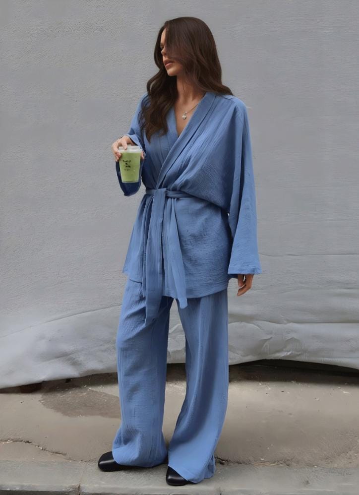 Muslin Cotton Pajama Set: Kimono Soft Robe Lounge Wear Gift for her