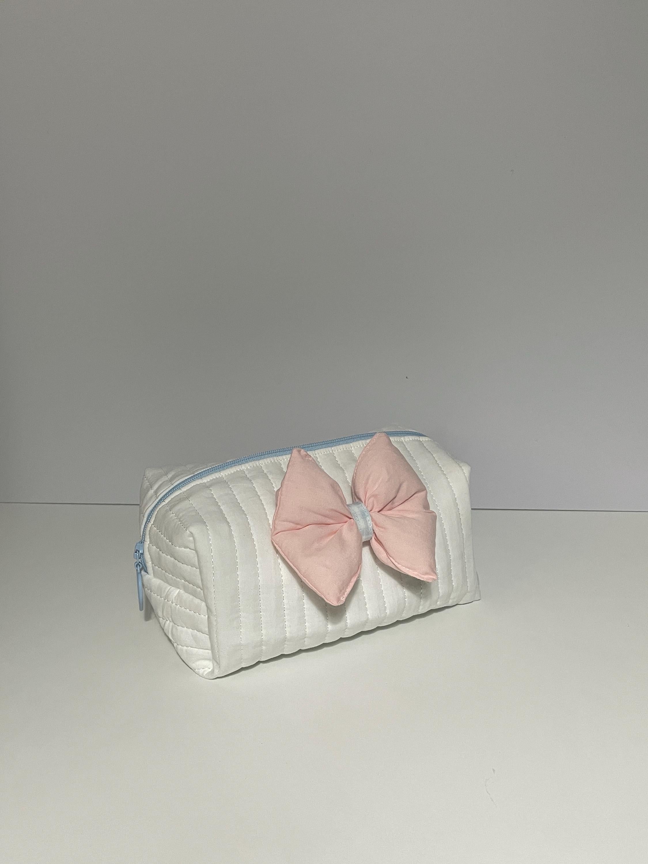 Dainty Quilted Cosmetic Bag – White Travel Organizer with Bow