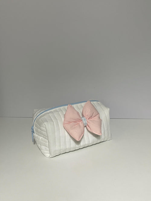 Dainty Quilted Cosmetic Bag – White Travel Organizer with Bow
