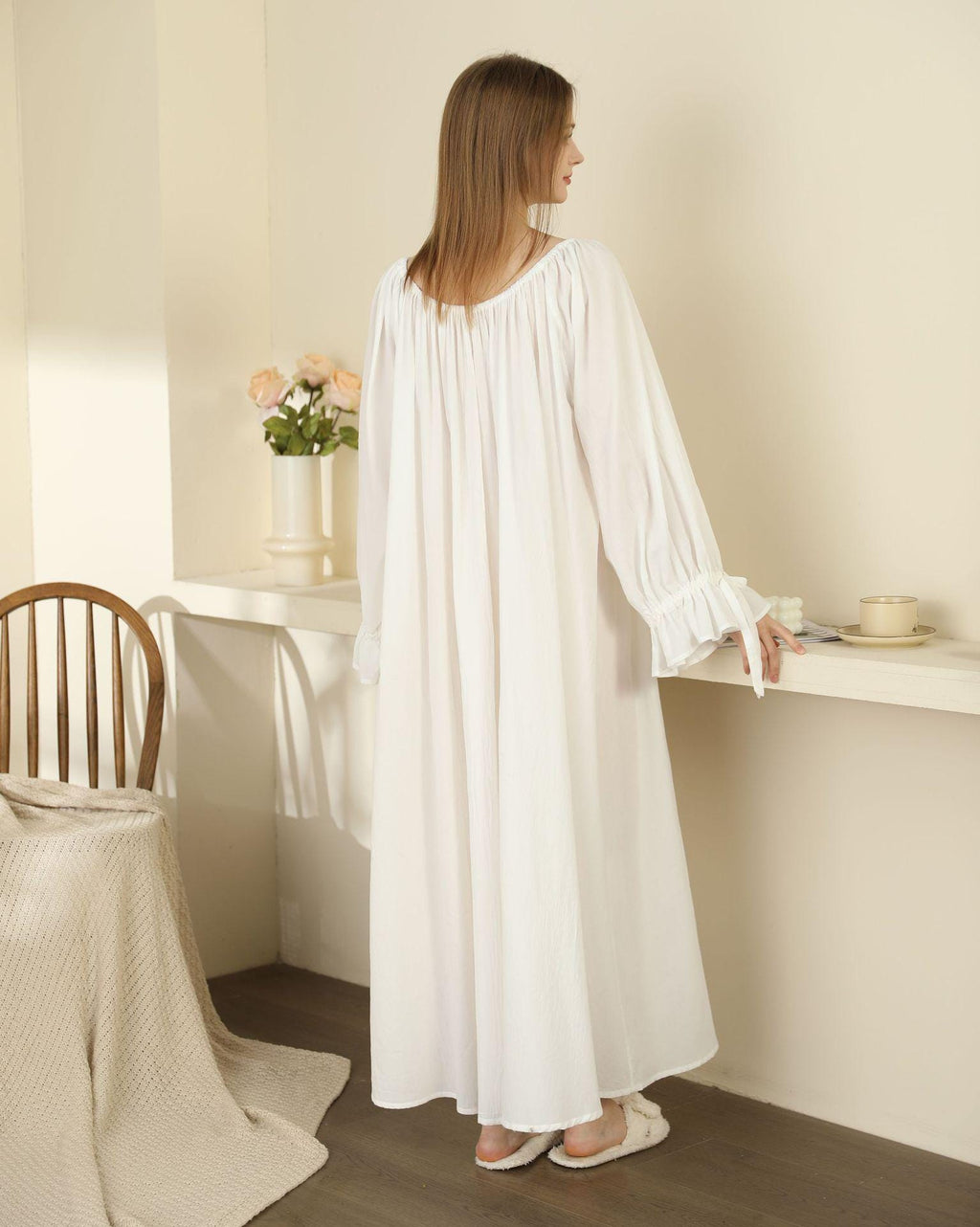 Victorian 100% Cotton Soft Nightgown: Long Sleeve White Nightdress