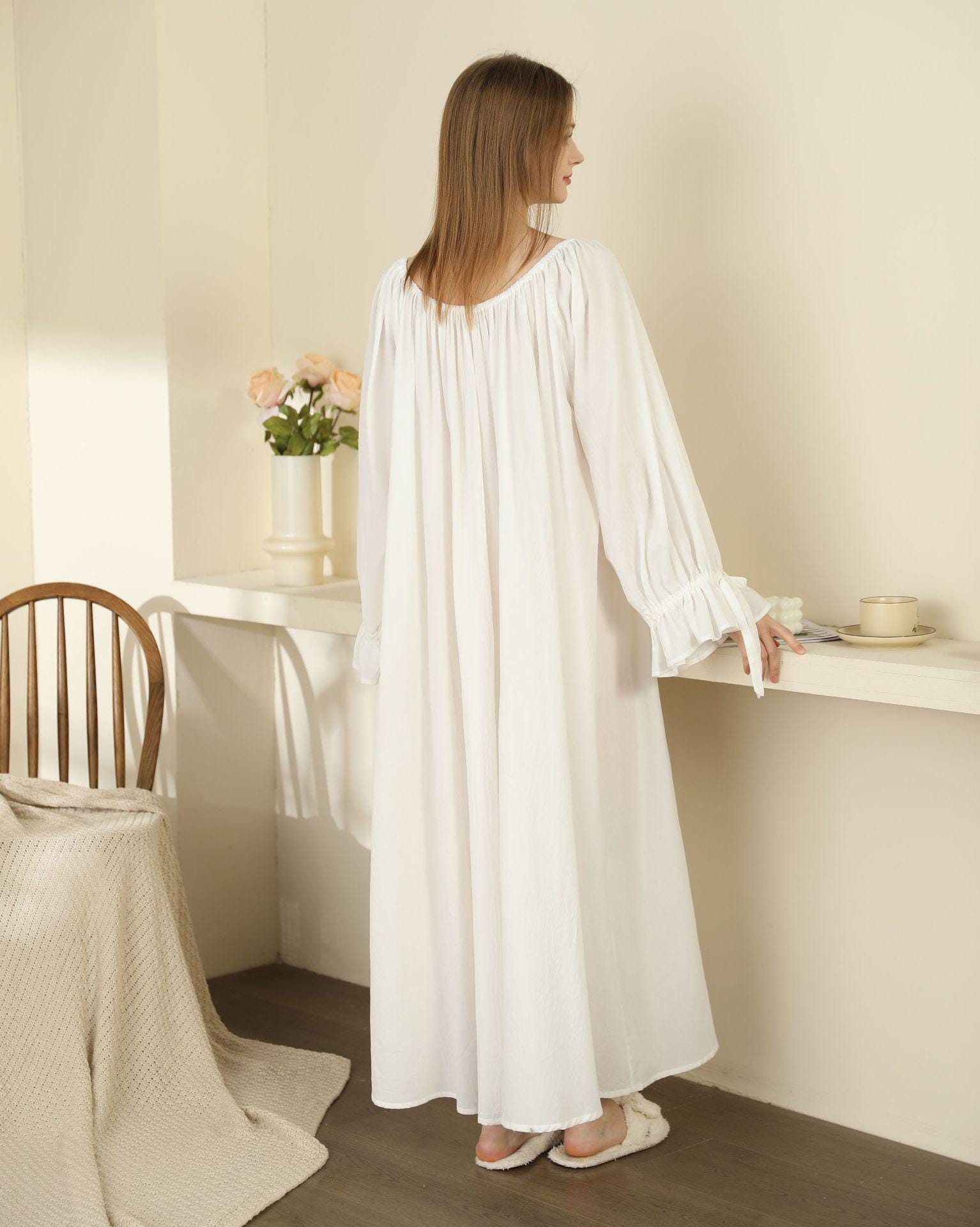 Victorian 100% Cotton Soft Nightgown: Long Sleeve White Nightdress
