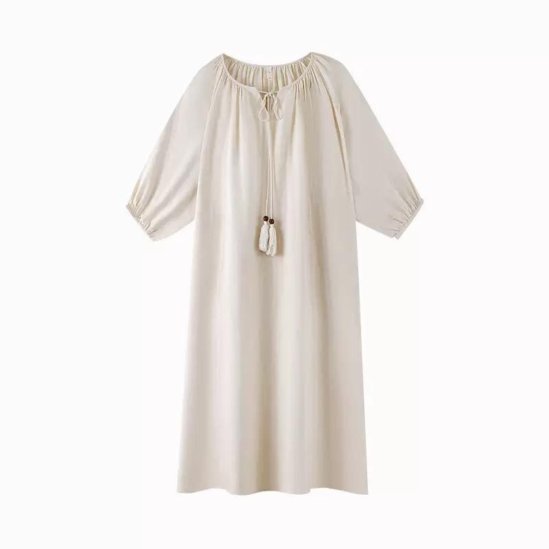 Long Sleeved Softened Coton Nightgown, Muslin Cotton nightdress Relaxed dress
