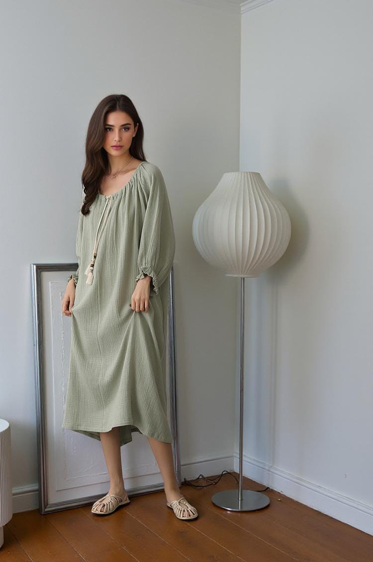 Long Sleeved Softened Coton Nightgown, Muslin Cotton nightdress Relaxed dress
