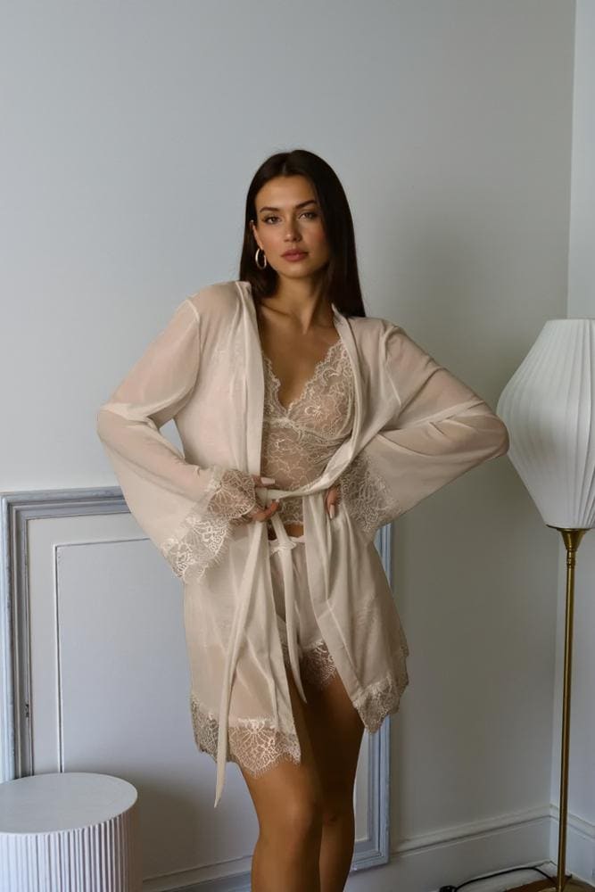 White Lace Pajama Set: Sheer Lingerie with Shawl, Bridal Sleepwear
