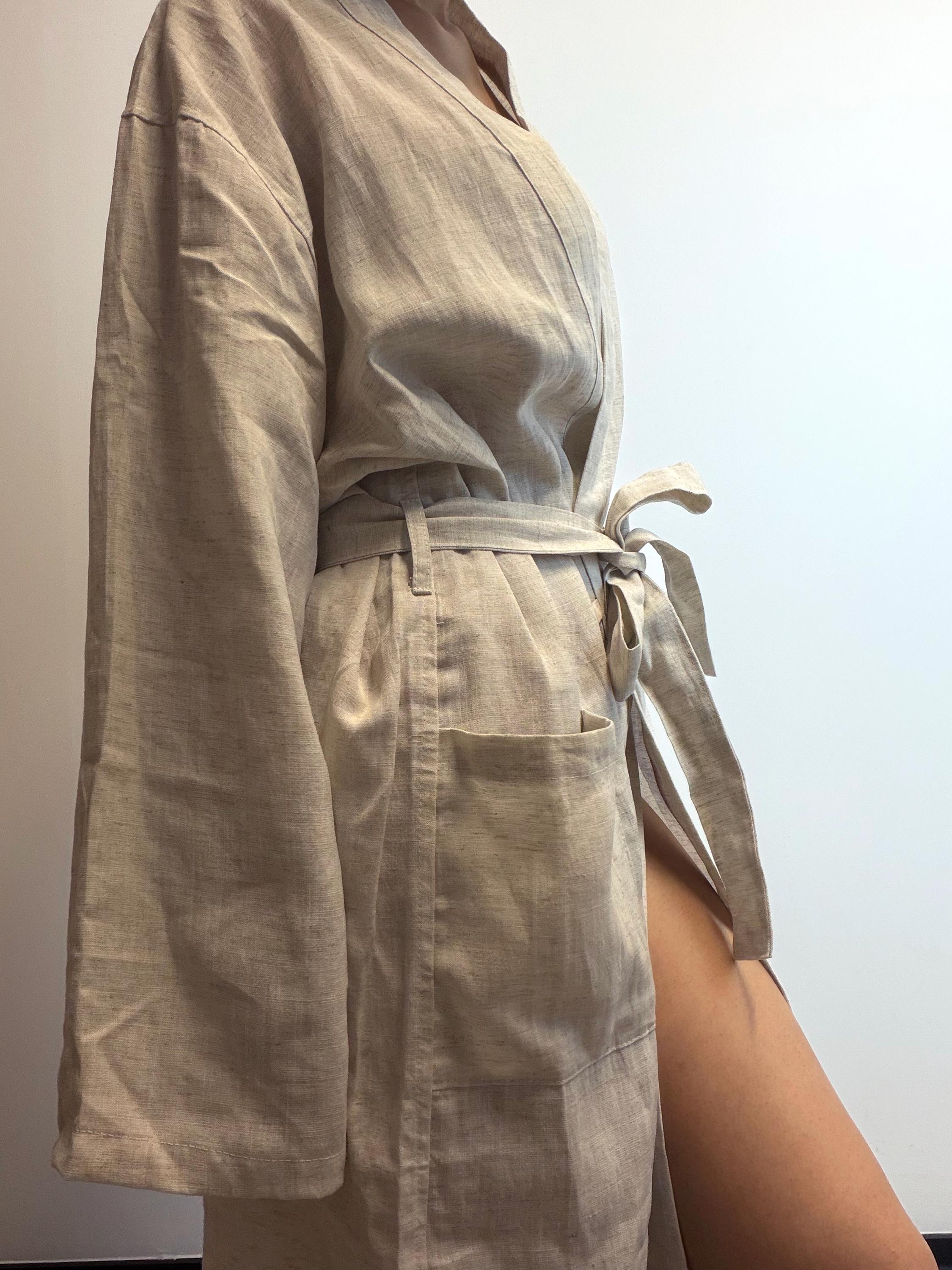 Linen Kimono Robe: Mid-Calf Wrap Dress, Bridal Dressing Gown