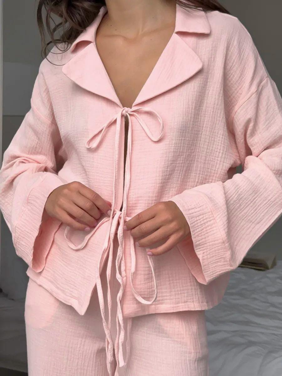 Soft Pink Muslin Cotton Pajama Set, Tie Front Sleepwear, Wide Leg Pants