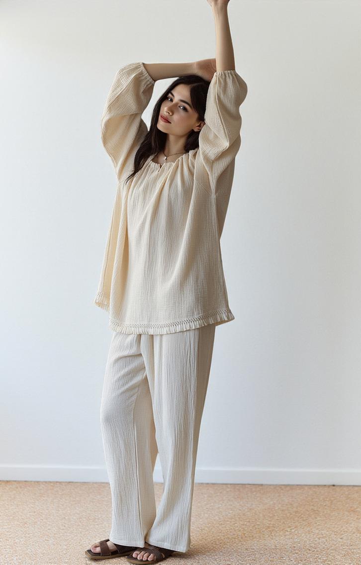 100% Cotton Beige Pajama with Crew Neck: Minimalist Soft Breathable Lounge Sleepwear