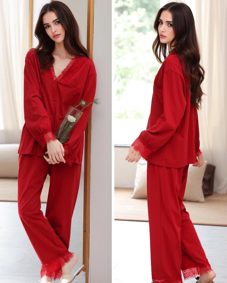 Vintage Red Cotton Lace Pajama Set: Soft Christmas Loungewear Elegant V-neck sleepwear