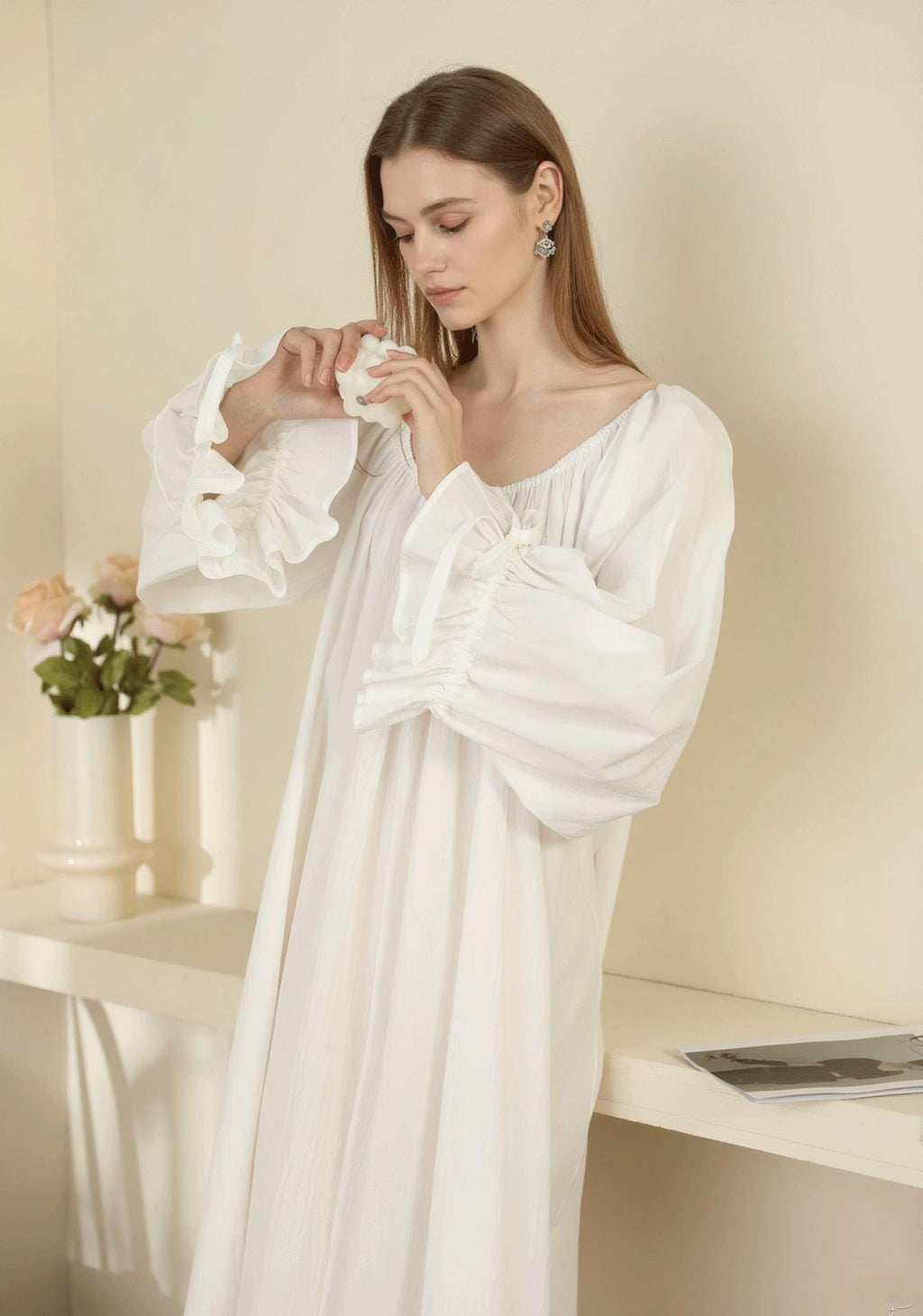 Victorian 100% Cotton Soft Nightgown: Long Sleeve White Nightdress