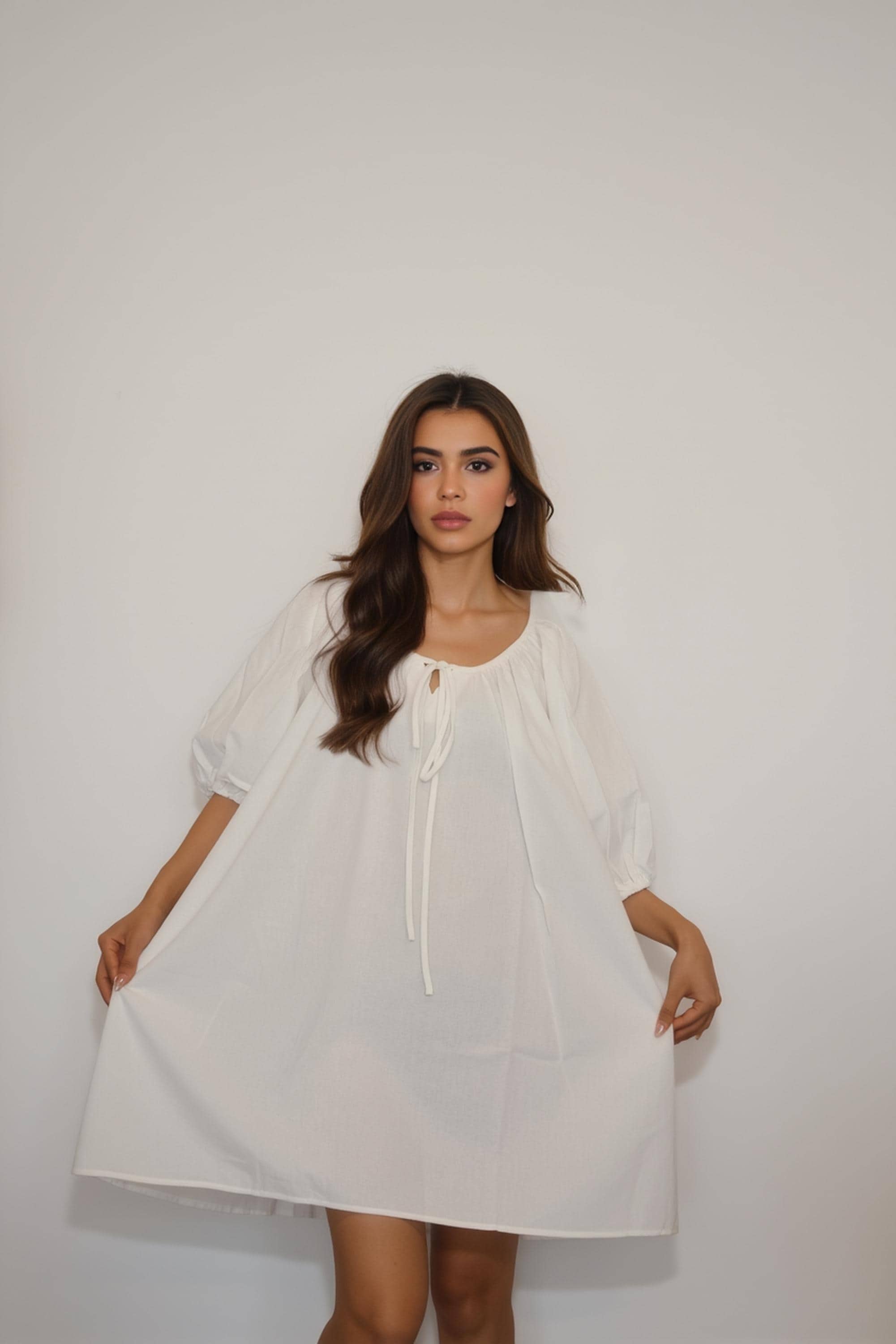 Cotton Gauze Chemise Dress - Short Knee Length, Lightweight feminine white sleepwear nightie loungewear dress