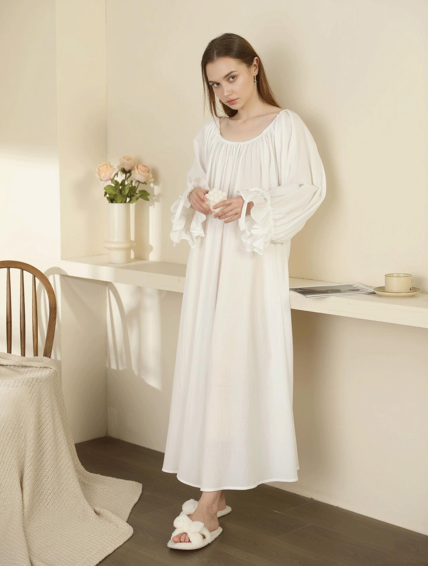 Victorian 100% Cotton Soft Nightgown: Long Sleeve White Nightdress