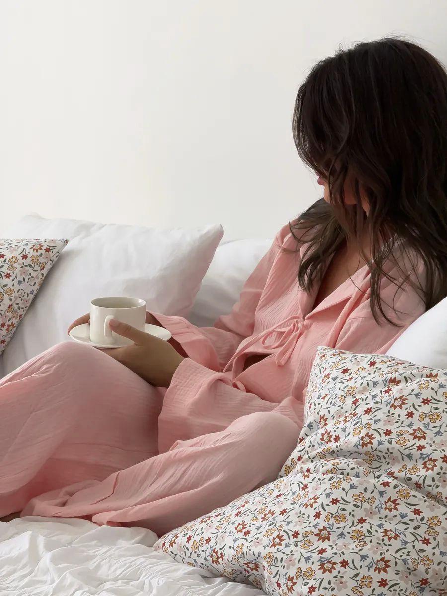 Soft Pink Muslin Cotton Pajama Set, Tie Front Sleepwear, Wide Leg Pants