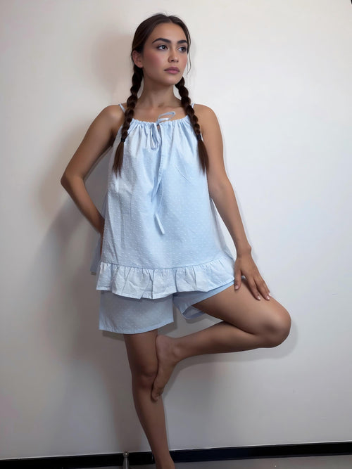 Cottagecore Blue Pajamas Set for Women  Breathable Summer Cotton Loungewear | Vacation Home Gift