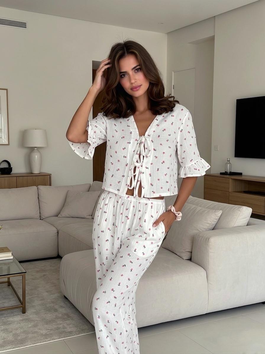 Floral Print Muslin Cotton Pajama Set | Short Sleeve V-Neck Top with ruffle & Wide Leg Lounge Pants | Soft Summer Sleepwear
