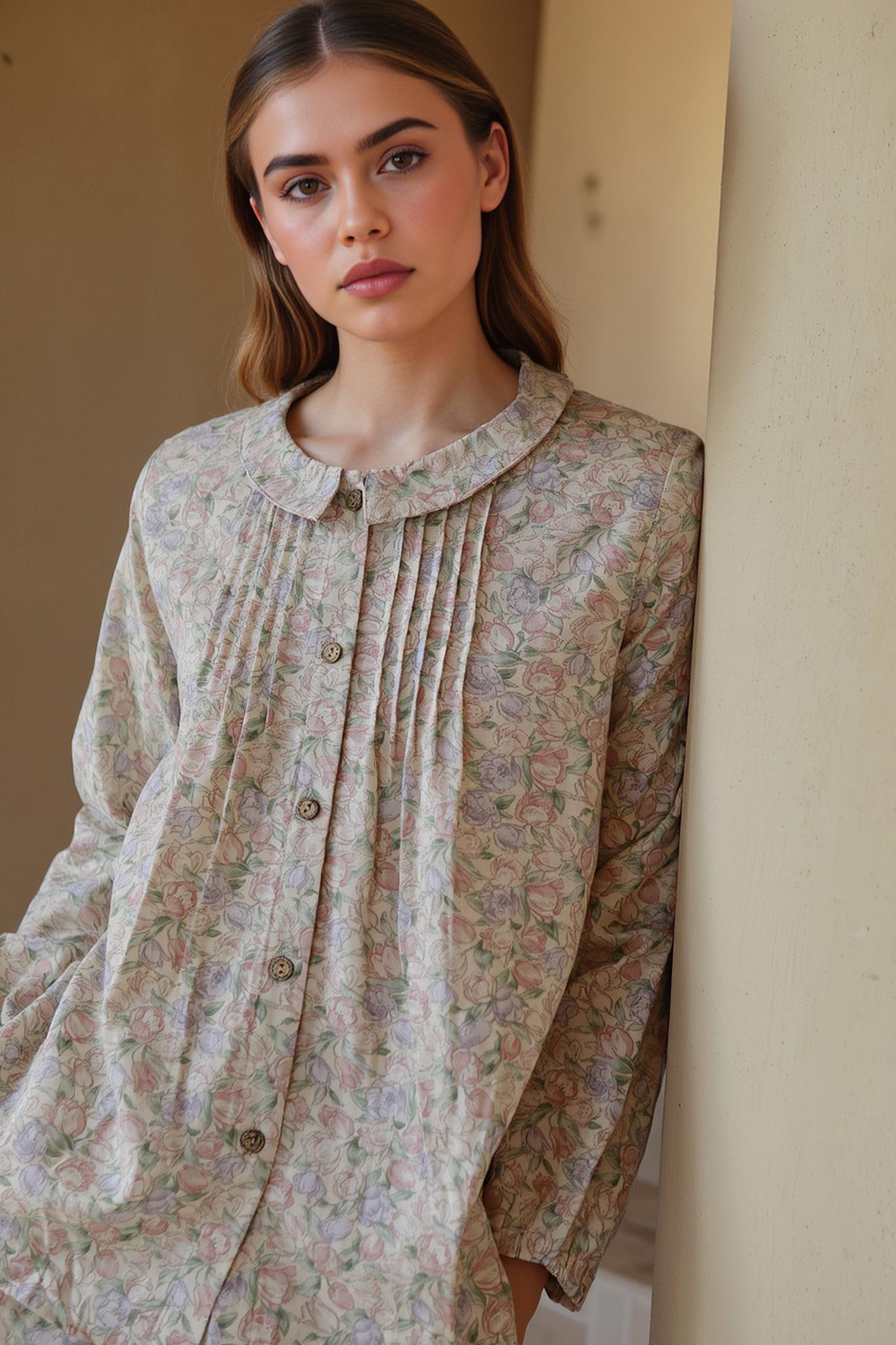 Floral Cotton Pajamas - Romantic Collar, Wide Leg Pants, Christmas gift