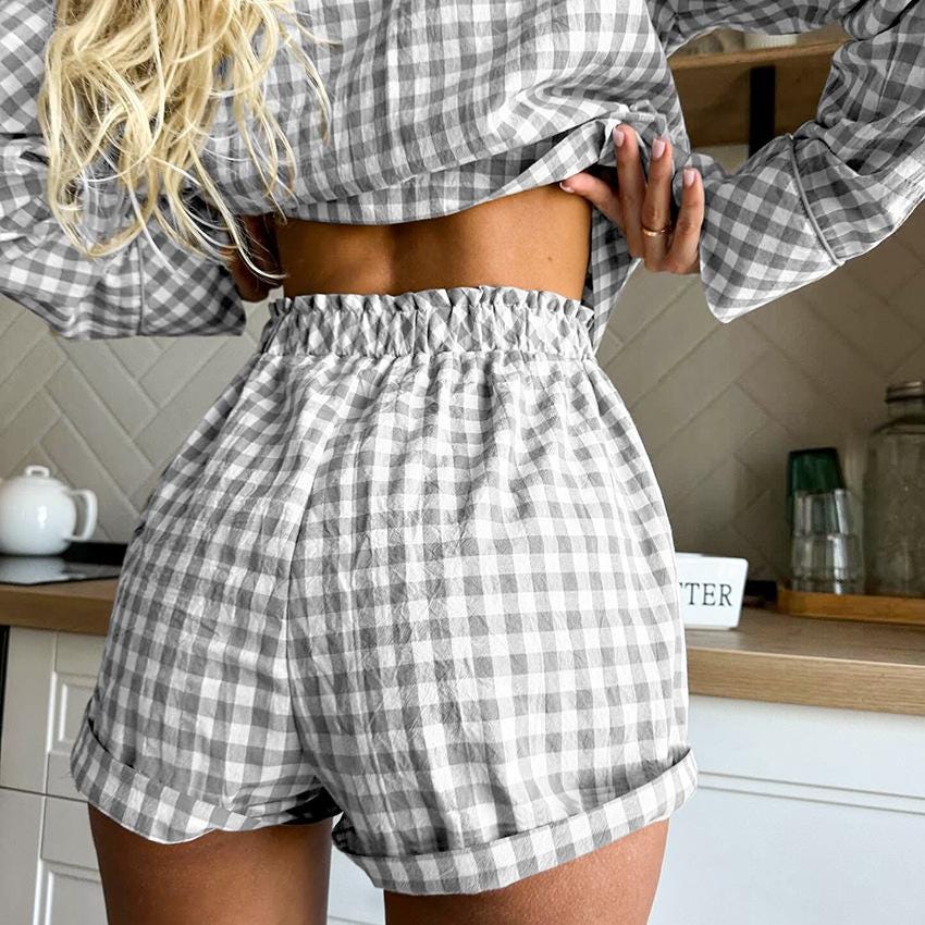 Gray Plaid Cotton Pajama Shirt Set, Bridesmaid Loungewear, Comfortable Sleepwear