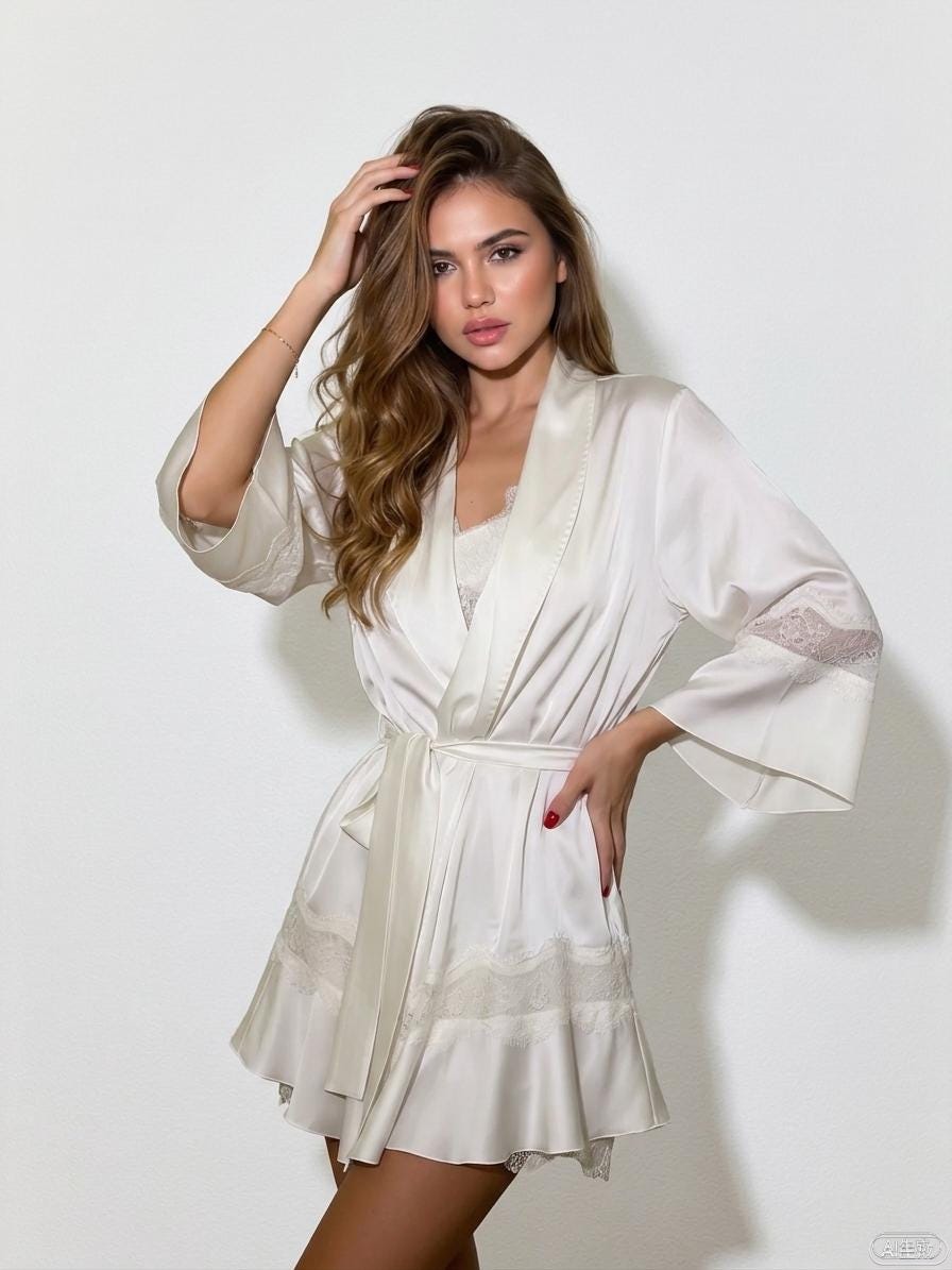 Satin Lace Robe and Slip Dress Set – Bridal Wedding Morning Loungewear
