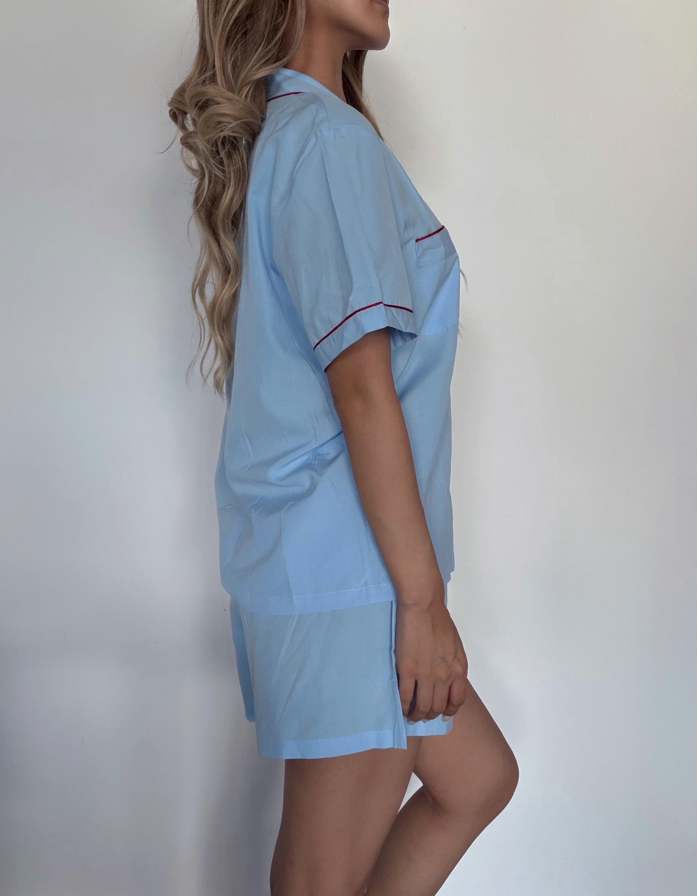 Blue Cotton Pajama Set with Red Piping – Short Sleeve Button Down & Shorts