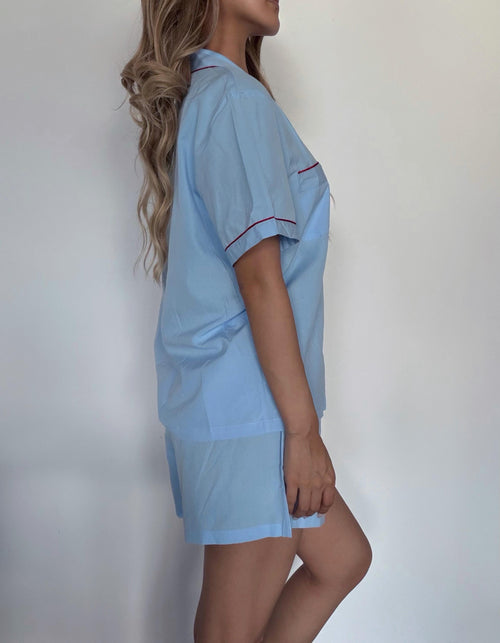 Blue Cotton Pajama Set with Red Piping – Short Sleeve Button Down & Shorts