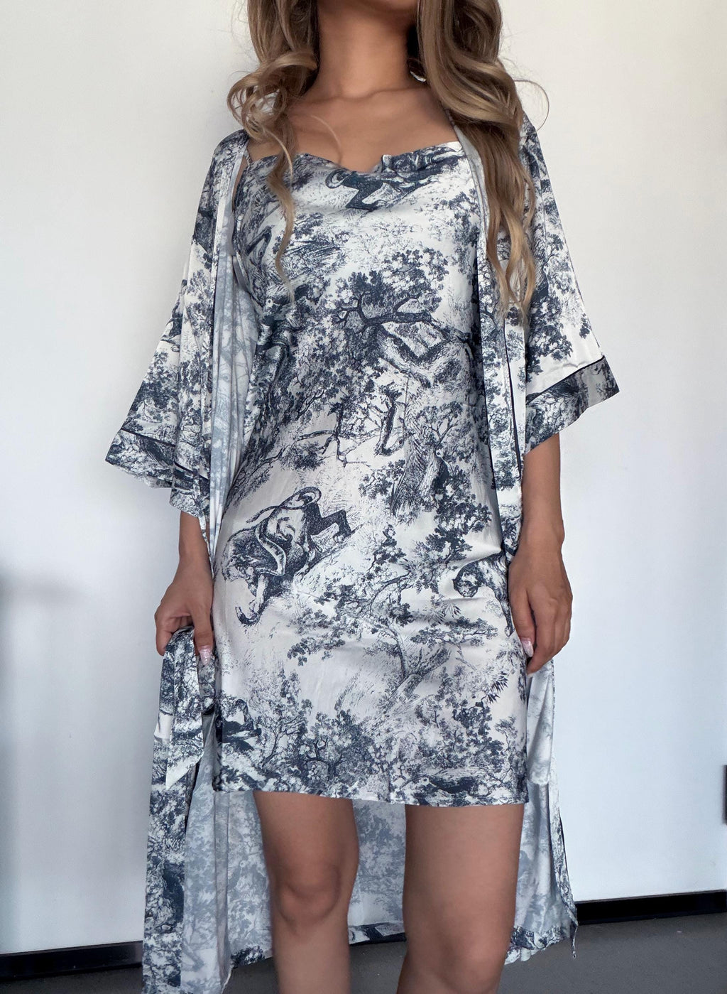 Toile de Jouy Satin Robe Set | French Country Bridal Shower Gift | Silk-Like Sleepwear Loungewear