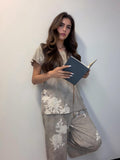 100% Cotton Floral Pajama Set, Round Neck Blouse, Wide Leg Pants