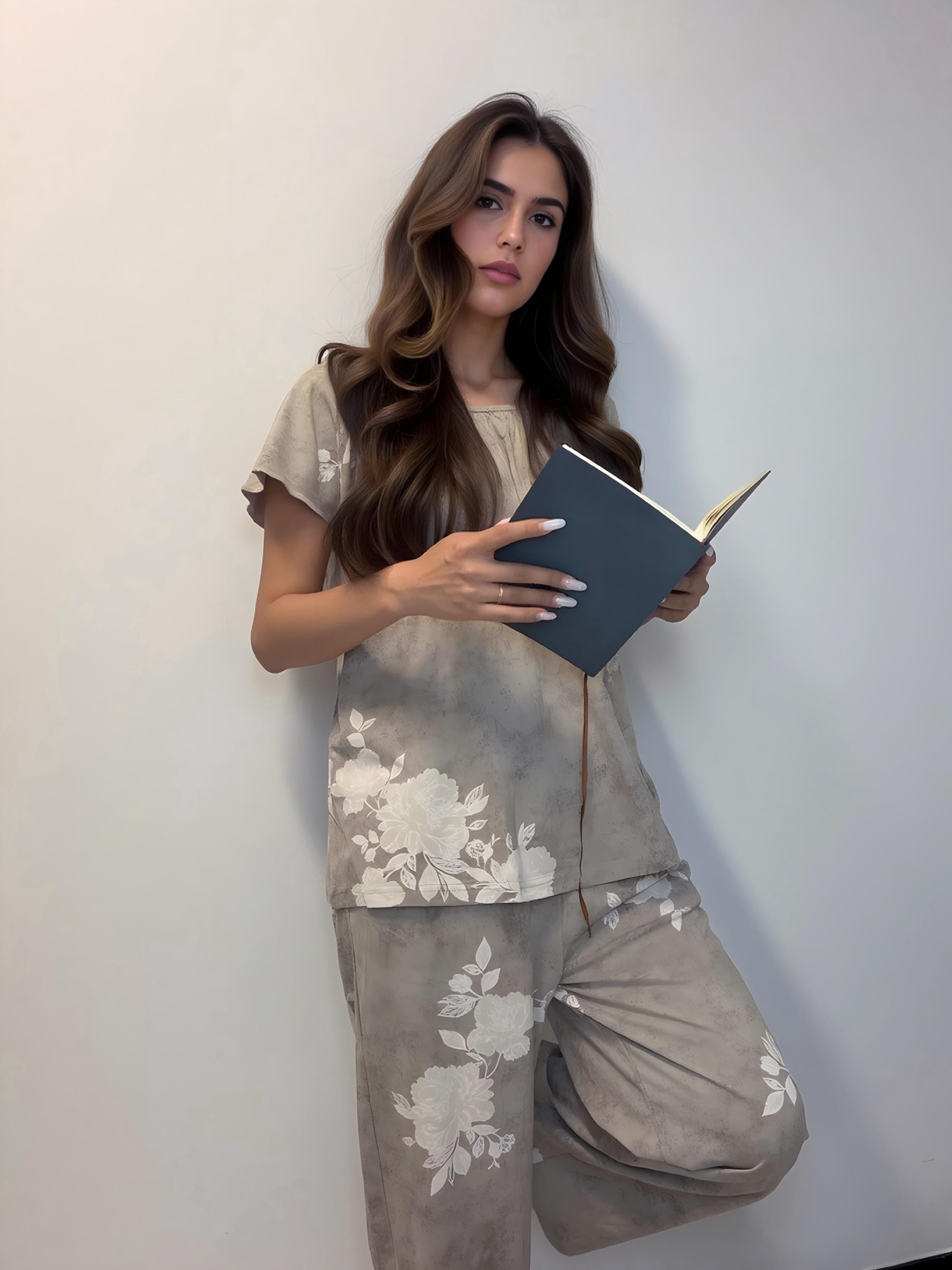 100% Cotton Floral Pajama Set, Round Neck Blouse, Wide Leg Pants