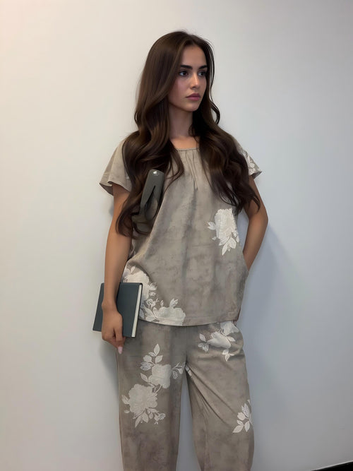 100% Cotton Floral Pajama Set, Round Neck Blouse, Wide Leg Pants