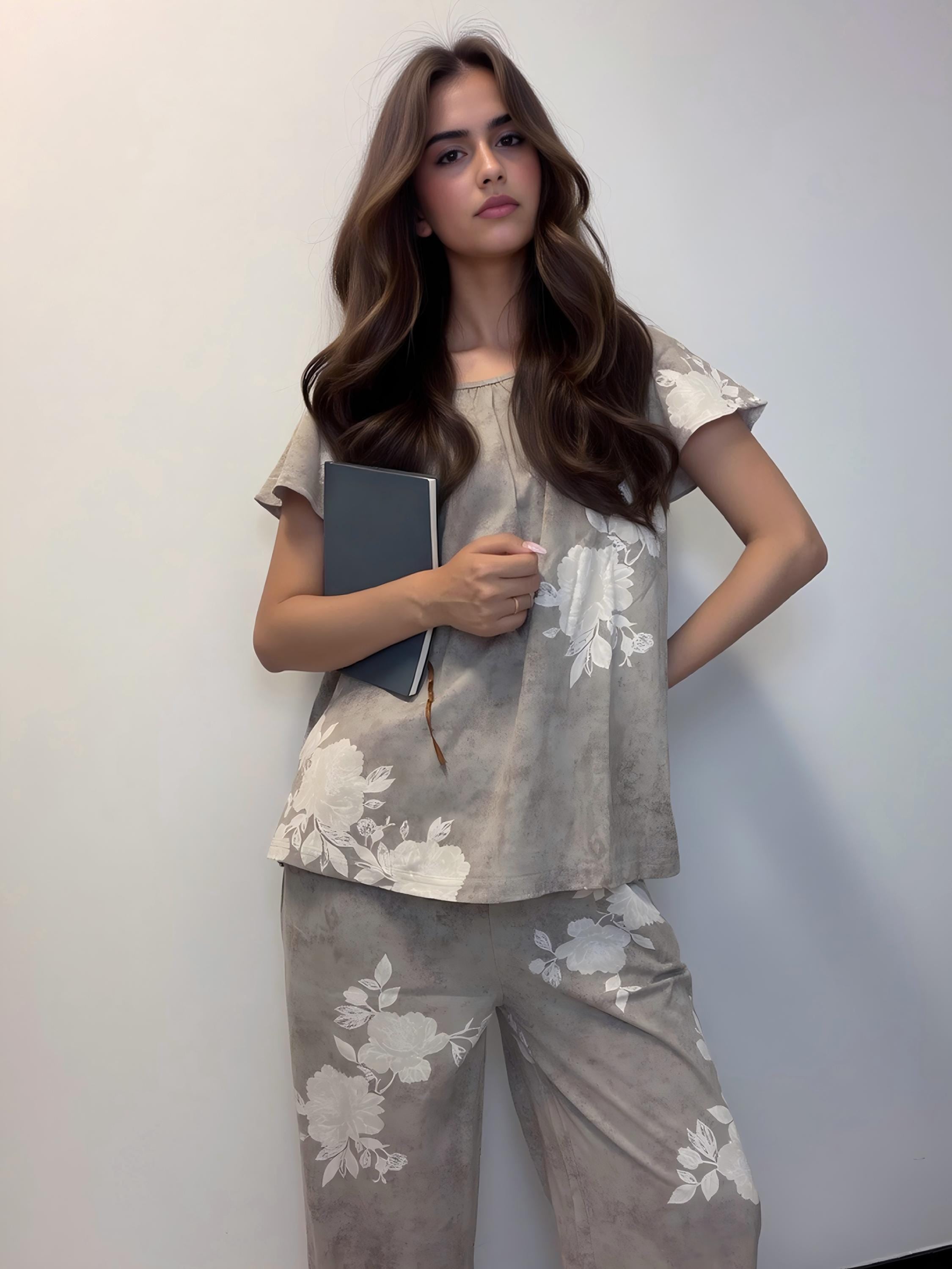 100% Cotton Floral Pajama Set, Round Neck Blouse, Wide Leg Pants