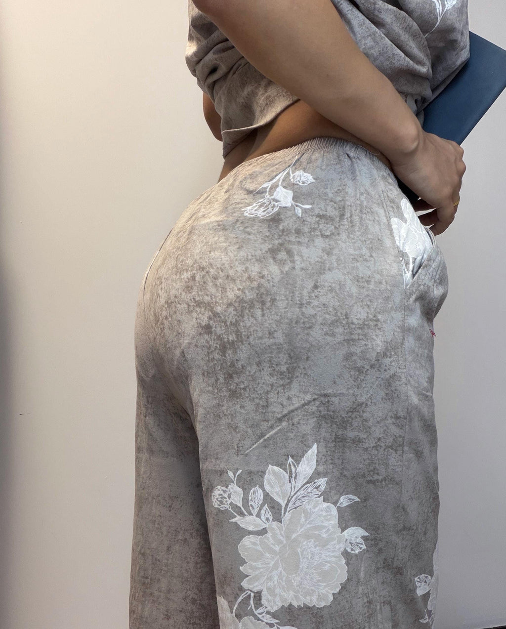 100% Cotton Floral Pajama Set, Round Neck Blouse, Wide Leg Pants