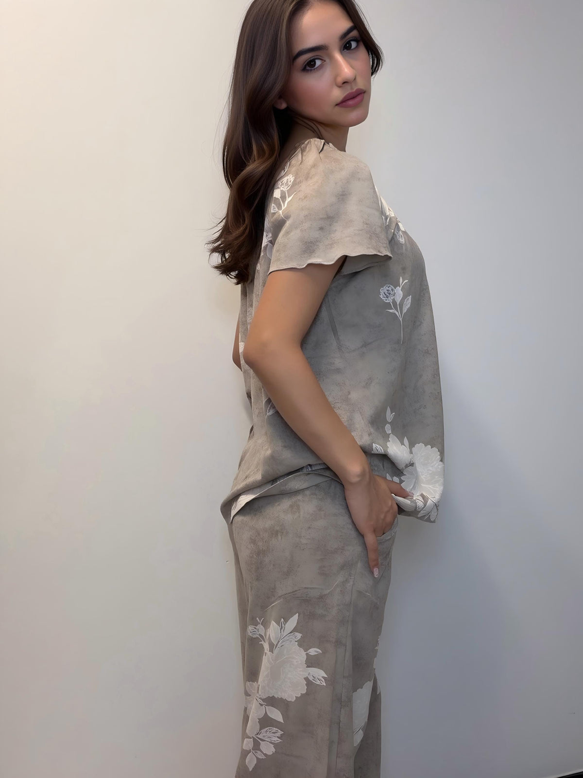 100% Cotton Floral Pajama Set, Round Neck Blouse, Wide Leg Pants