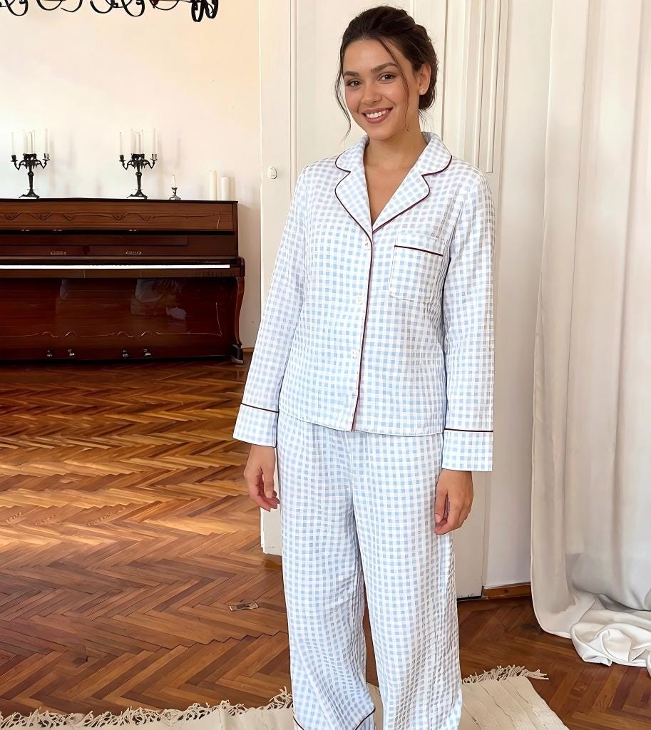 Cotton Plaid Pajama Breathable Cozy Light Blue Loungewear Bridesmaid pjs