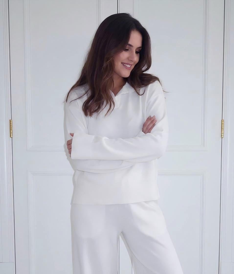 White Cotton Pajama Set, Long Sleeve Loungewear, Breathable Sleepwear