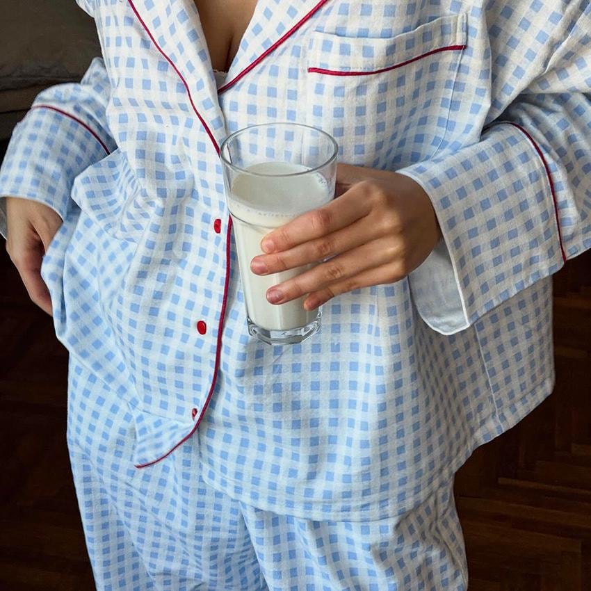 Cotton Plaid Pajama Breathable Cozy Light Blue Loungewear Bridesmaid pjs