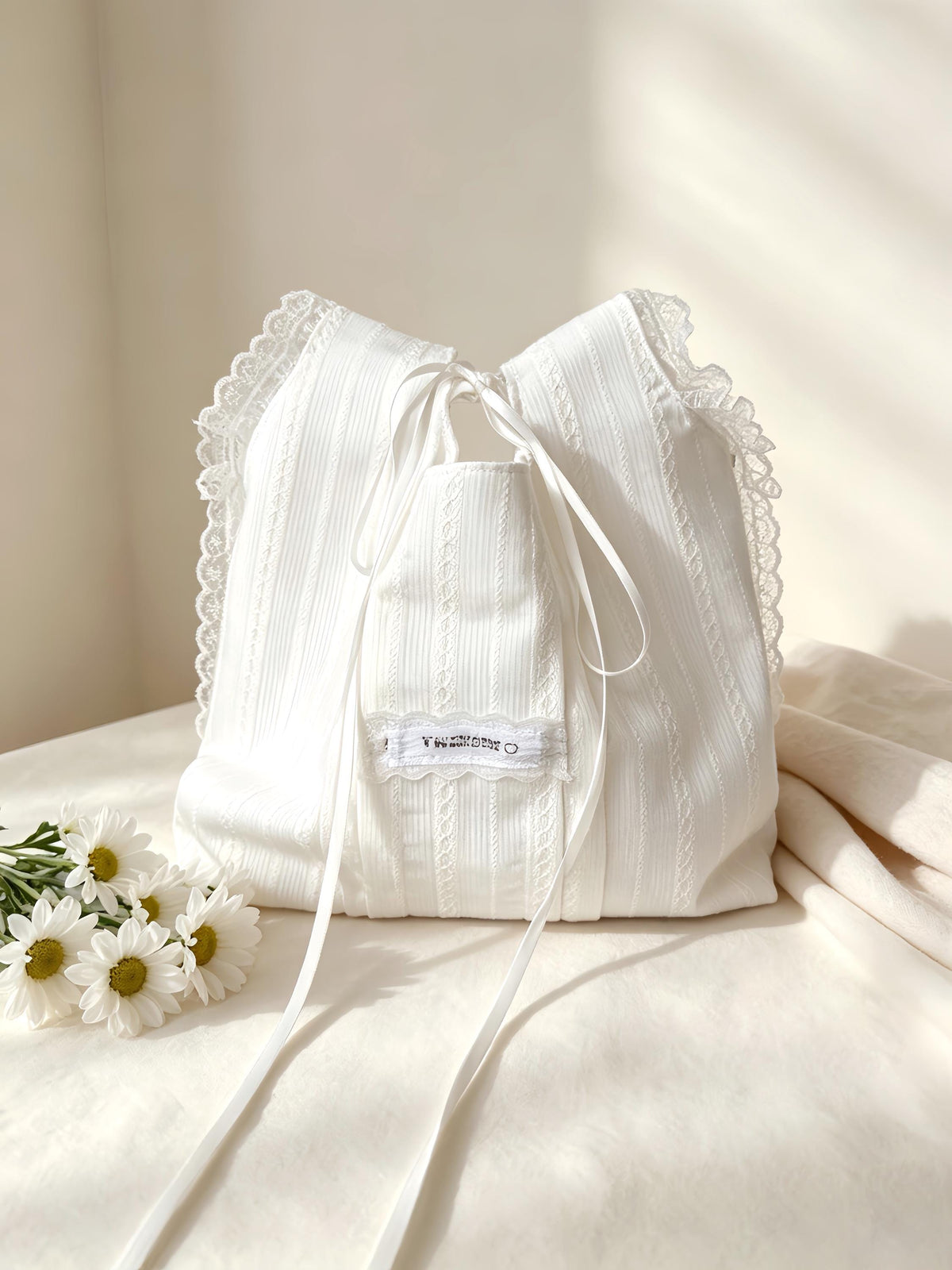 White Cotton Lace Trim Knot Bag, Minimalist Clutch Purse, Bridal Shower Gift
