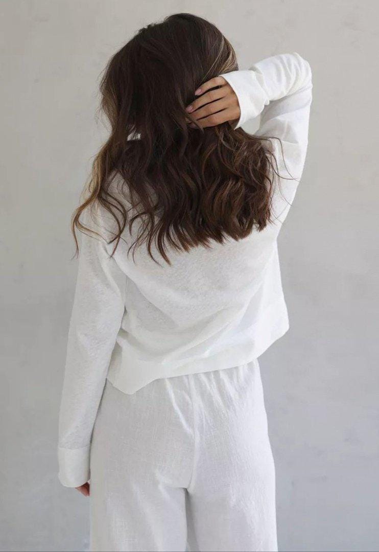 White Cotton Pajama Set, Long Sleeve Loungewear, Breathable Sleepwear