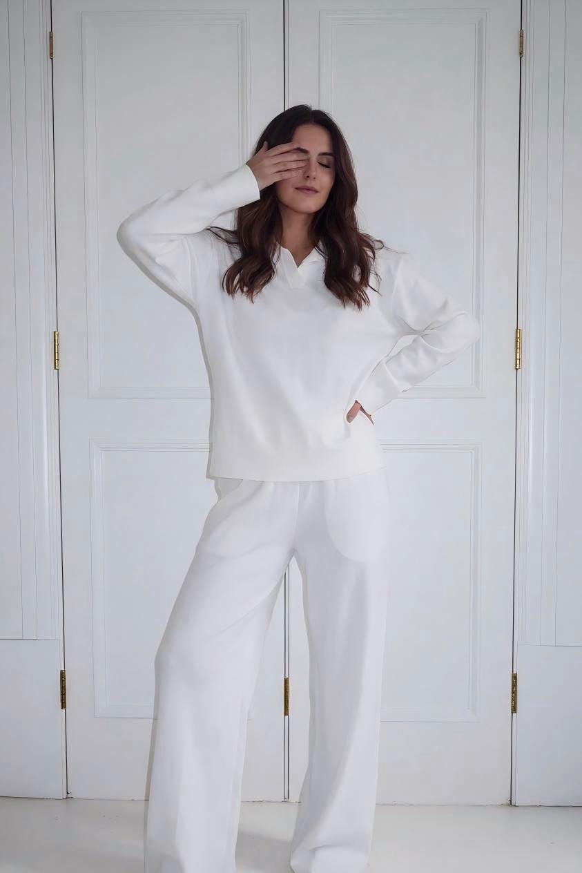 White Cotton Pajama Set, Long Sleeve Loungewear, Breathable Sleepwear
