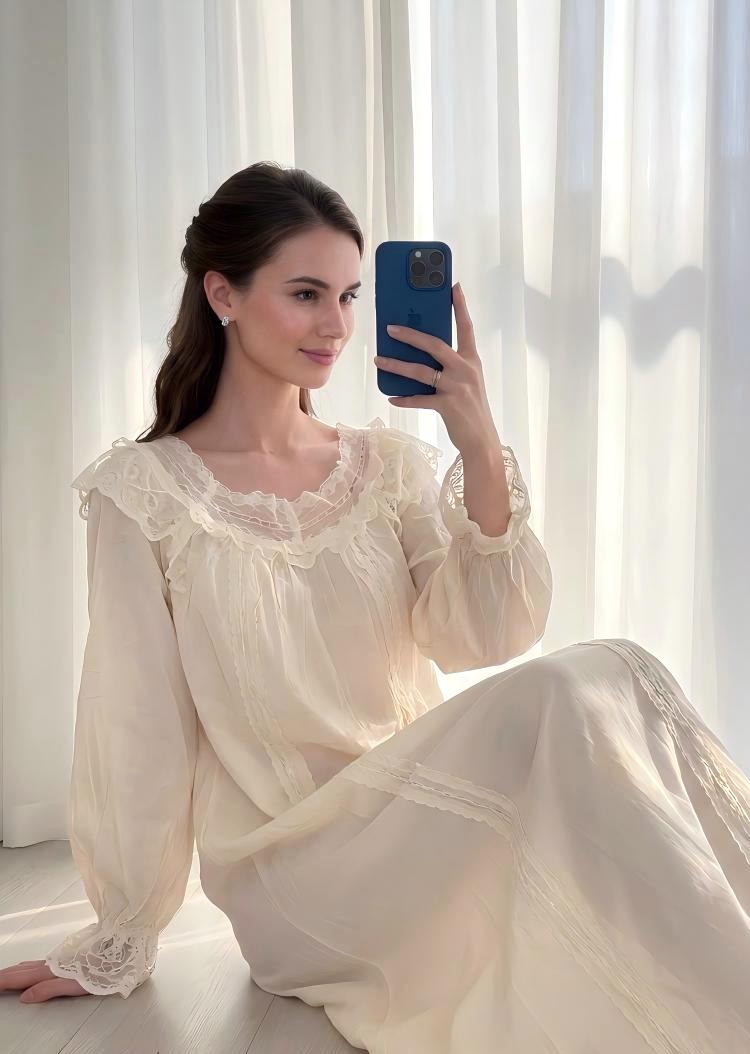 Victorian Lace Trim Bust Night Gown, Round Floral Lace Neck Loungewear Dress, Ruffle Sleeve Maxi Nightgown, Cottagecore Sleep Dress