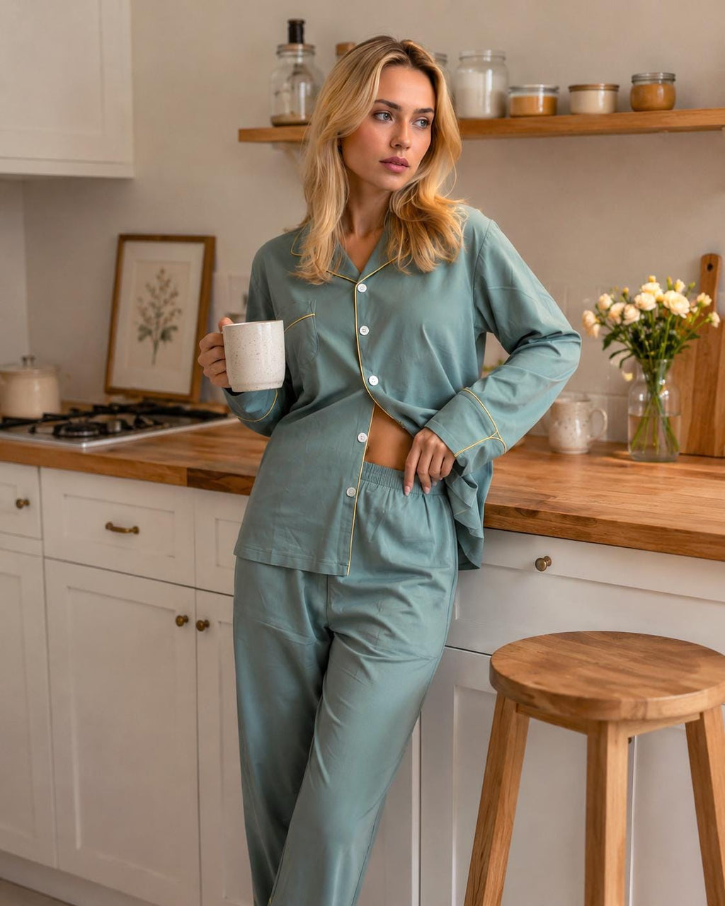 Emerald Green Cotton Pajama Set PJs Women Soft Loungewear Gift for mom