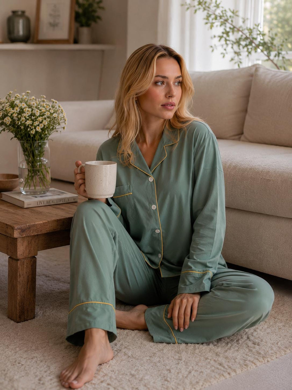 Emerald Green Cotton Pajama Set PJs Women Soft Loungewear Gift for mom