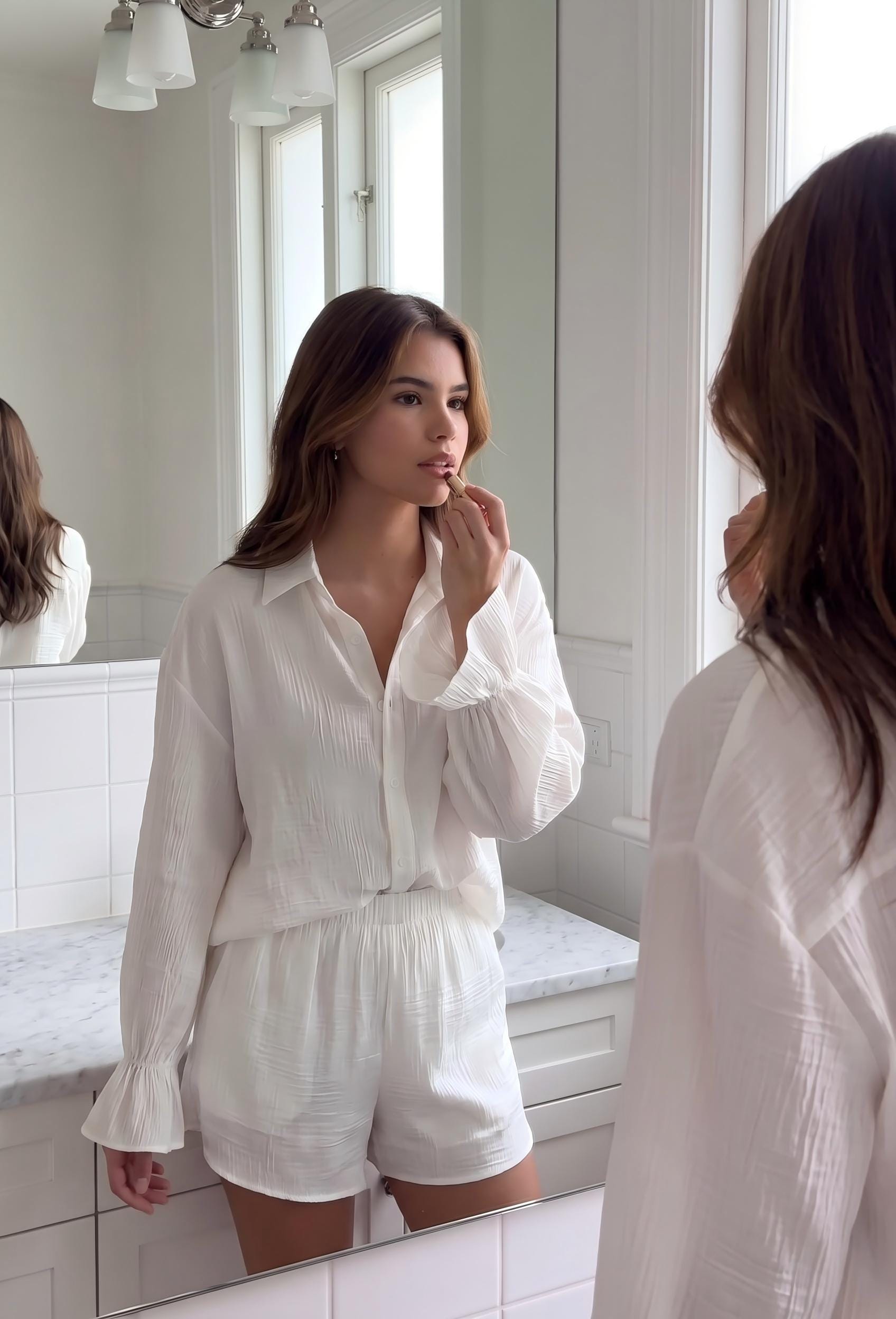 Muslin Cotton Pajama Set, Ruffle Sleeve Shirt and Shorts, Breathable Summer Loungewear, Bridal Sleepwear, Minimalist White Lounge Set
