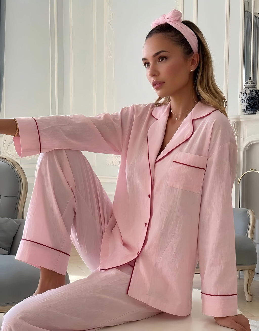 100% Cotton Pajama Set for Women, Classic Button Down Sleepwear, Soft Cotton Lounge Set, Pink Blue Pajamas, Gift for Her, Cozy Nightwear