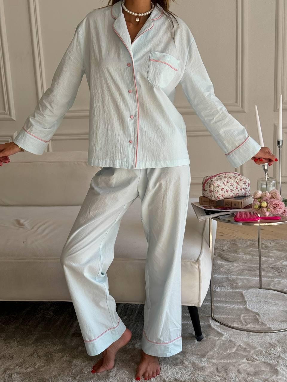 100% Cotton Pajama Set for Women, Classic Button Down Sleepwear, Soft Cotton Lounge Set, Pink Blue Pajamas, Gift for Her, Cozy Nightwear