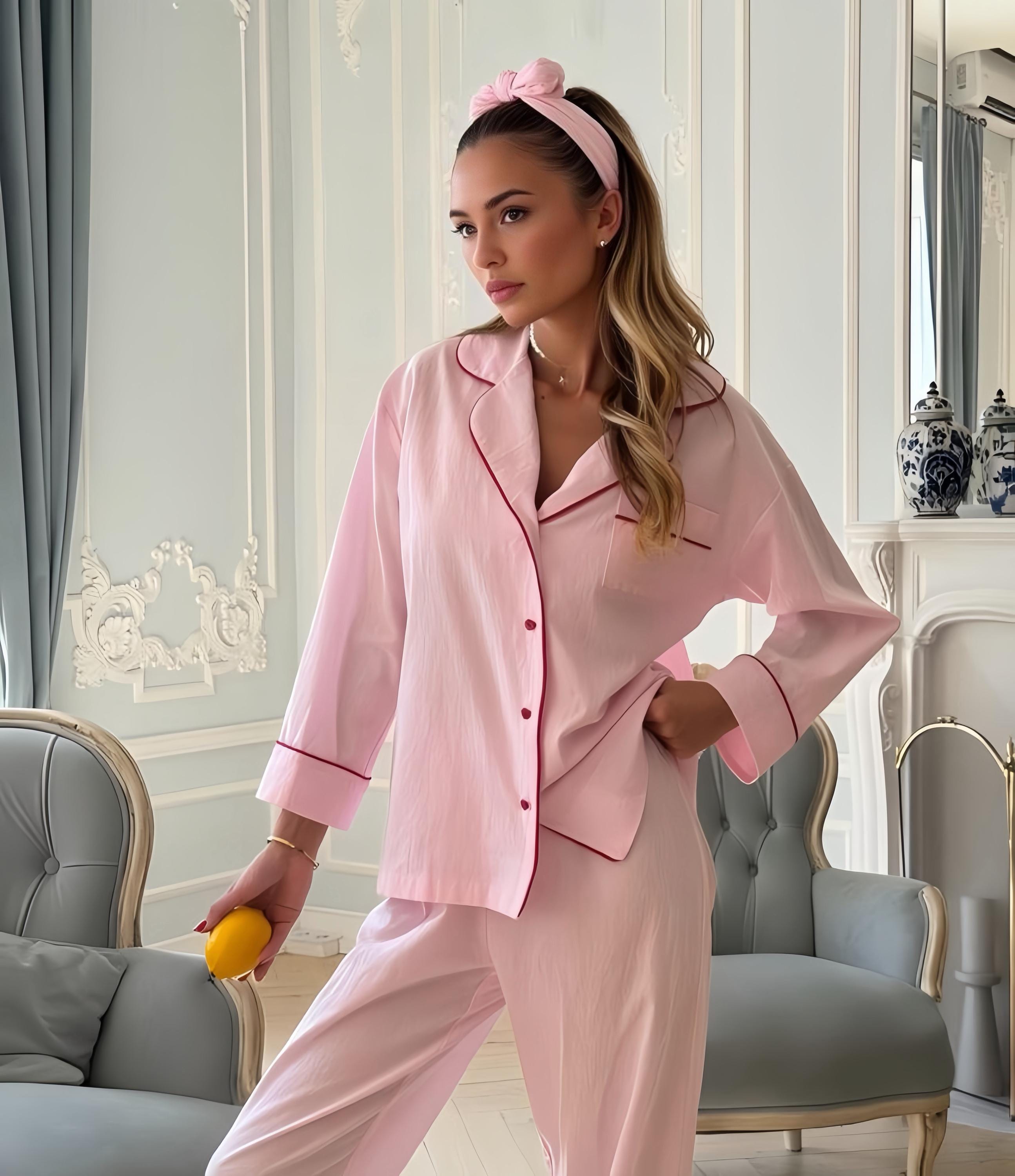 100% Cotton Pajama Set for Women, Classic Button Down Sleepwear, Soft Cotton Lounge Set, Pink Blue Pajamas, Gift for Her, Cozy Nightwear